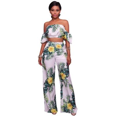 China 2020 New Arrivals Breathable Women Sexy Off The Shoulder Lantern Sleeve Floral Print Bohemia Top And Pants Casual Two Piece Set for sale