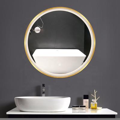 China Bright Smart LED Illuminated Bathroom Mirror Touch Switch Wall Hanging LED Mirror View Golden Rectangle Round Touch Sensor Switch for sale