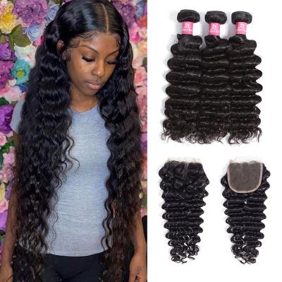 China Deep Wave Virgin Hair Weave Bundles & Wigs Seller 100% Mink Brazilian Deep Wave Curly Hair Extension Bundle With Lace Closure for sale