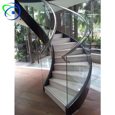 China Modern Curved Glass Stair Balustrade Dead End Fittings /spiral Stair Railing / Cambered Glass Balustrade for sale