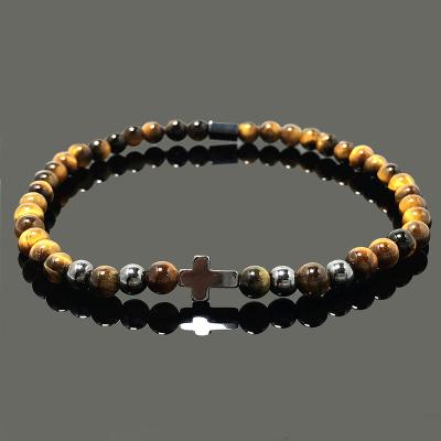 China Good Polish Bead Cross Designer 4mm Stretch Hematite Bracelet Tiger Eyes Gemstone Elastic Bracelet for Women and Men for sale