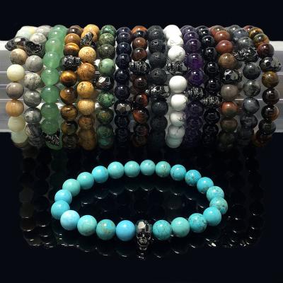 China Fine Polishing Gemstone Beads Beaded Bracelet Healing Bead Bracelet Skull Design Custom Adjustable Black Chakra Bracelet Natural Stone For Women Men for sale