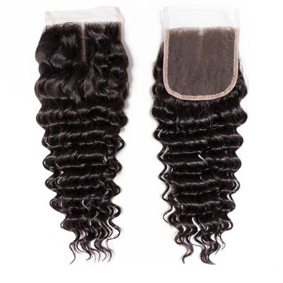 China 12a 100% Women's 4*4 Lace Closure Raw Virgin Human Hair 5x5 Deep Wave Transparent 100% Brazilian Hair Weaves For Black Women for sale