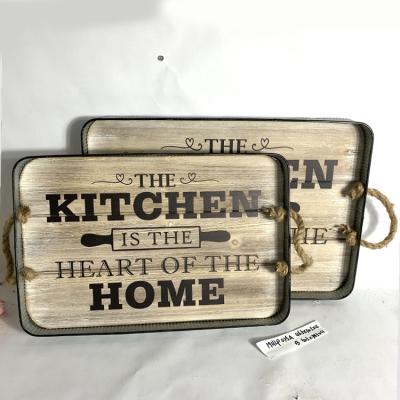 China Farmhouse Style Antique Wood + Galvanized Steel Decorative Serving Tray for Kitchen and Home with Handles for sale