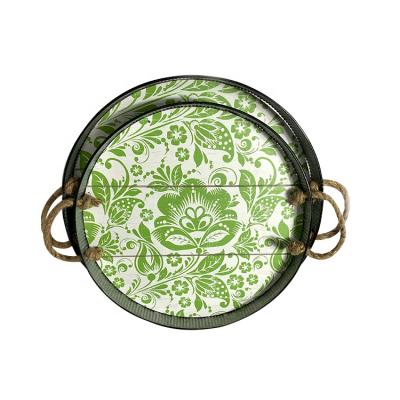 China Europe Home Hotel Decor Round Shape Sets Of 2 Serving UV Printing Wooden Trays With Two Hemp Rope On Both Sides for sale