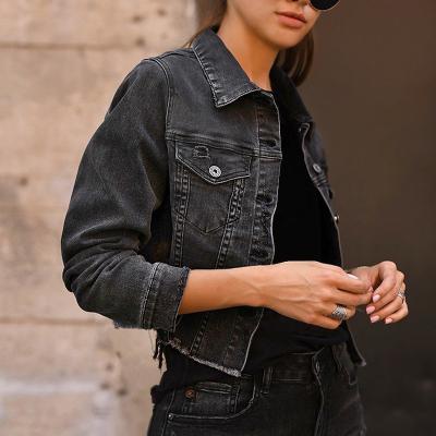 China 2021 OEM Women Jeans Girls Long Sleeve Jacket Breathable Wholesale Black Ripped Denim Jacket For Ladies for sale