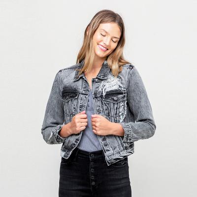 China OEM Factory Women Jeans Jacket Girls Blue Cropped Ripped Long Sleeve Denim Jacket 2021 For Ladies for sale