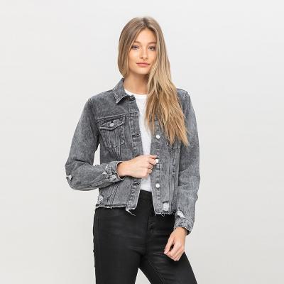 China 2021 OEM High Quality Women Jeans Girls Jacket Breathable Long Sleeve Coat Gray Cropped Ripped Denim Jacket For Ladies for sale