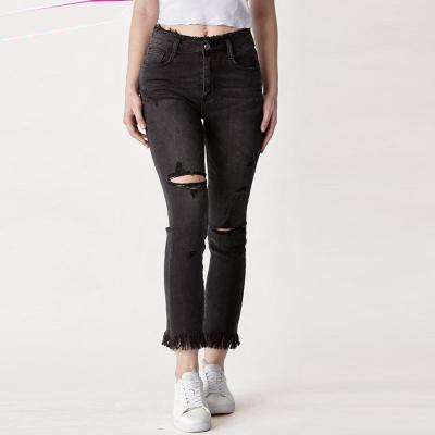 China 2021 Custom High Quality Casual Breathable Ripped Black Mid Waist Women Skinny Distressed Jeans Destroyed With Pocket for sale