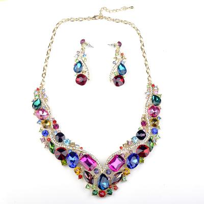 China High Quality Multi ALLOY Geometry Crystal Statement Necklace Earring Jewelry Sets For Wedding for sale