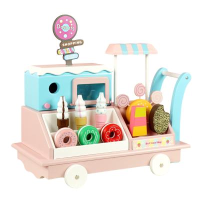 China Pretend Play Kitchen Toy Set Wooden Baby Kitchen Ice Cream Pretend Cart Toys Play Food Truck Gift for Holiday Girls and Boys for sale