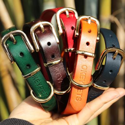 China Personalized adjustable genuine leather collar in various sizes made to order with strong D-ring and copper buckle for sale