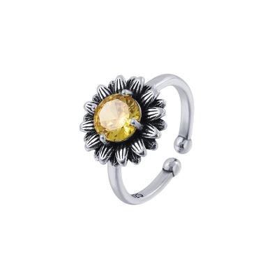 China CLASSIC Border Sunflower Personality Fashion White Stone Color Selection Temperament Ring Sweet Big Flower Open Ring Female for sale