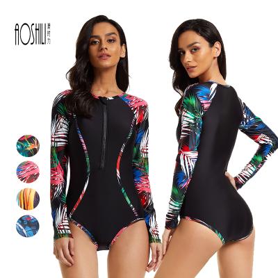 China AOSHILI Long Sleeve Surfing Swimsuit 2021 New Style One Piece For Women Long Sleeves Guard Floral Print Rash Swimwear for sale