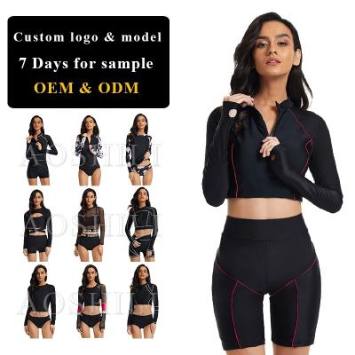 China UPF 50 AOSHILI Women Swimwear Sleeve Swimsuit Rash Guard Surf Suits Black Two-Piece Sports Rash Custom Logo Vest Long Vest for sale