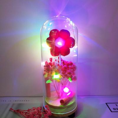 China Wooden Glass Bottle Gypsophila Europe Dome Flower Valentine's Day Present With Led Light Glass Bottle for sale