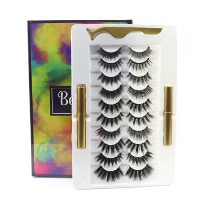 China Wholesale Private Label Soft Natural 3D Handmade 10 Pairs Magnetic False Eyelashes Kit Silk Eyelash Glue Tweezers Set for sale