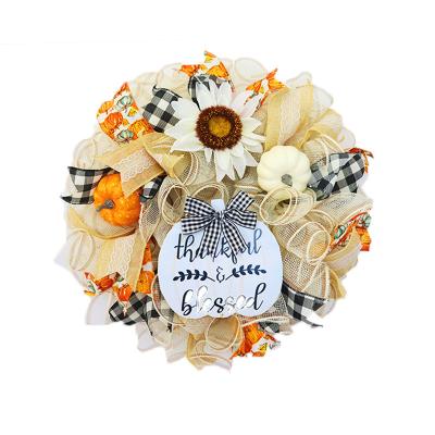 China Trendy Fall Front Door Harvest Artificial Wreath Wreath with White Pumpkins and Bowknots Sunflower Thanksgiving Autumn Home Window for sale