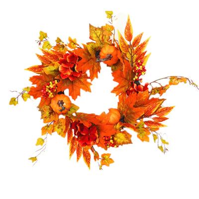 China Autumn Wreath Artificial Thanksgiving Decoration Fashionable Halloween Front Door Wreath Harvest Wreath with Maple Leaf Pumpkins Berries for sale