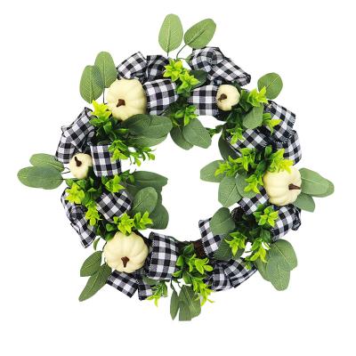 China Fashionable Harvest Wreath Artificial Fall Wreath with Pumpkins and White Bowknots for Thanksgiving Autumn Home Window Wall Indoor Outdoor for sale