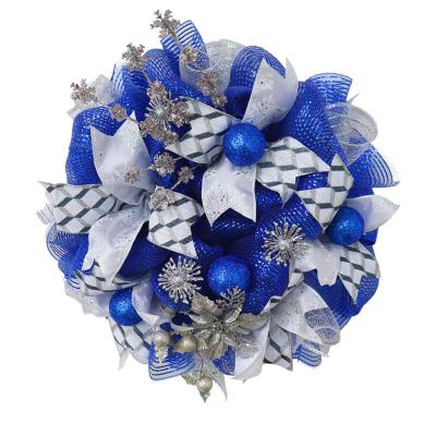 China Fashionable Customized Christmas Mesh Wreath Door Hanging With Silver Plastic Balls Glitter Branches Decoration Front Entrance Wreath for sale