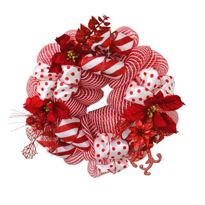 China Trendy Christmas Mesh Wreath Door Hanging with Dot Ribbon Poinsettia Red Cable Decoration for sale