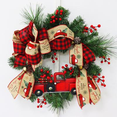 China Fashionable Handmade Pine Cone Christmas Decoration Car Red Ribbon Garland for Front Door Christmas Garland for sale