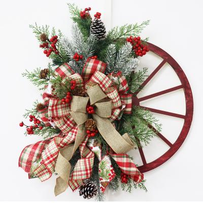 China New Product Fashionable Handmade Decoration Wheels Christmas Pine Cone Ribbon Wooden Garland 2022 For Front Door Christmas Garland for sale