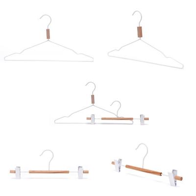 China CLASSIC Heavy Duty White Color Metal Coat Hangers With Natural Wooden Trouser Bar For Clothes for sale