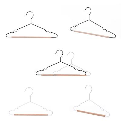 China Household CLASSIC wholesale metal coat hanger with natural wooden pants bar for sale