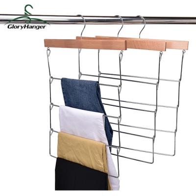 China CLASSIC Slim And Space Saving 4 Tier Cheap Wooden Pants Rack Hangers Non Slip Rubber Coated Trouser Hangers for sale