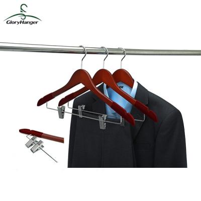 China High Grade Traditional Cherry Color Wooden Shirt Clothes Hanger with Assembled Velvet Shoulder and Metal Clips for sale