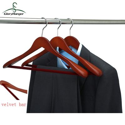 China CLASSIC Wooden Suit Hangers With Non Slip Velvet Pants Bars Smooth Solid Wood Coat Hanger With 360 Degree Swivel Hook for sale