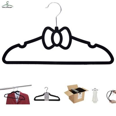 China Cutey Black Color Anti-Slip Adorable Bowknot Shape Kids Assembled Velvet Hanger for sale