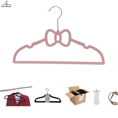 China High Grade Anti-Slip And Colorful Fink Flocked Bowknot Velvet Kids Clothes Hanger for sale