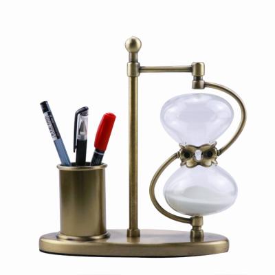 China Contemporary Decorative 60 Minute Metal Sand Timer 30 Minute Metal Hourglass With Pen Holder for sale