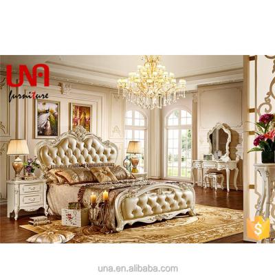 China European Style Luxury Double Size King Bed Design Solid Wood Carved Furniture Genuine Leather Antique Bedroom for sale