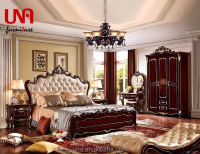 China Luxury European Antique French Bedroom Furniture Hand Carved Red Wood King Size Bed Furniture Leisure Color Set for sale