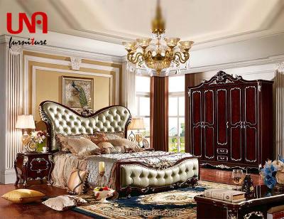 China Beautiful European Modern Genuine Leather Wooden Beds Bedroom Furniture Store Bed Set for sale