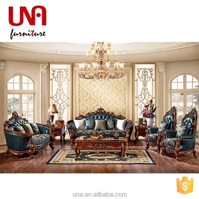 China Other Wedding Used Fancy Solid Wood Genuine Leather Sofa Set Classic Living Room Sofa Set Volinor Blue Color for sale