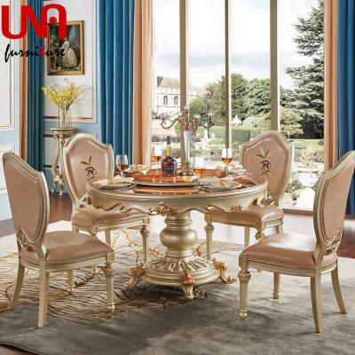 China European Luxury Design Chair Leather Chair Solid Wood Classic Round Dining Table Champagne Gold Dining Table With for sale