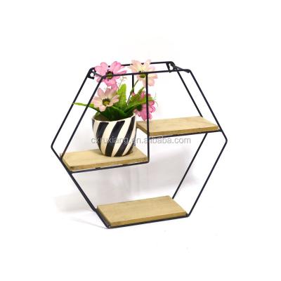 China Eco - Friendly Hexagon Wood And Metal Wall Mounted Wall Shelf for sale