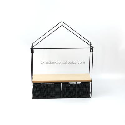 China Eco - Friendly Wall Mounted Wood Frame Metal Floating Storage Shelves With Basket Drawer for sale