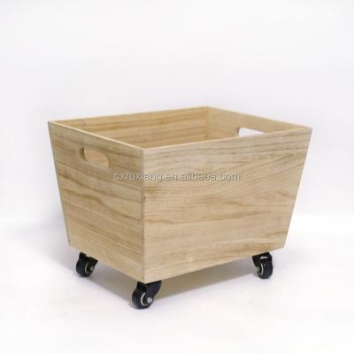 China Sustainable Paulownia Wooden Toy Storage Box Trash Can With Wheels for sale