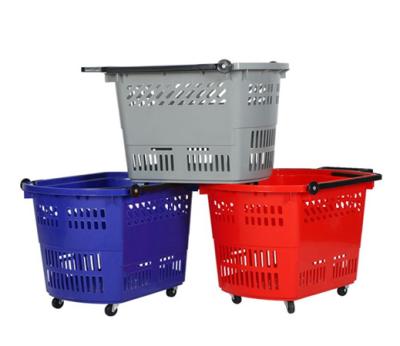 China Durable plastic shopping basket with four wheels for grocery store and supermarket 500x350x360mm for sale