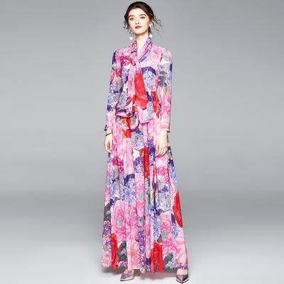 China 2021 Summer Sale Women's Maxi Dresses Hot O-Neck Anti-Wrinkle Floral Chiffon Dress Women's Long Sleeve for sale