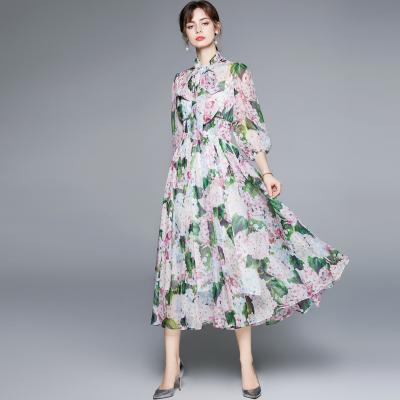 China Anti-wrinkle Fashion Women New Summer Casual Print Dresses Lantern Sleeve Chiffon Dress Party Wear Women for sale