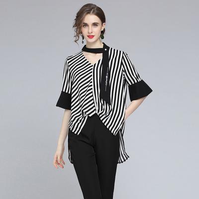 China Casual t-shirt women's edge mid-length plus size loose shirt anti-pilling stripe asymmetric sexy V-neck fashion shirt for sale