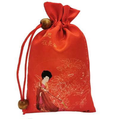 China Drawsting Beautiful Red City Satin Digital Printing Bag For Travel Souvenirs With Rope for sale