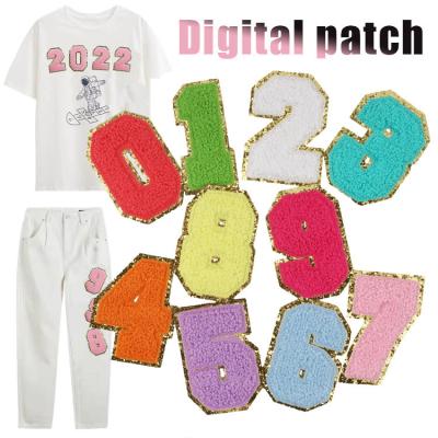 China Wholesale Handmade Computer Embroidered Cloth Stickers Towel Embroidery Arabic Number Glitter Letter Patches 0-9 for sale